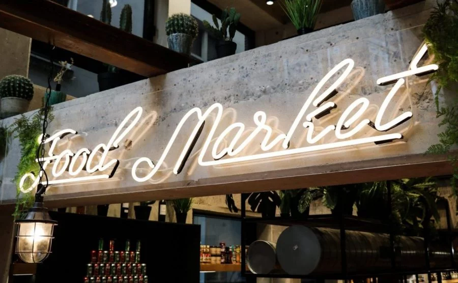 Neon food market indoor trade