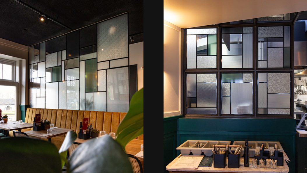 Raamstickers italiaans restaurant Trattoria Boretti Amsterdam ‘glas in lood’ look