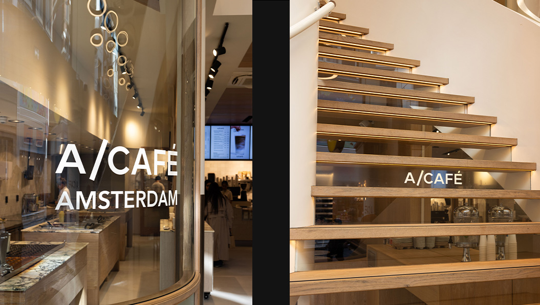 Witte raambelettering A/Cafe Amsterdam
