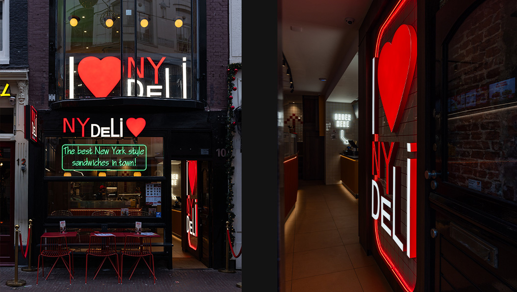 Verlichte doosletters, lichtbak en neon flex sign NY Deli Amsterdam