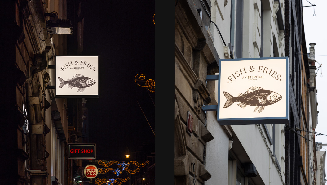 Lichtbak met full colour tekst en logo Fish & Fries Amsterdam